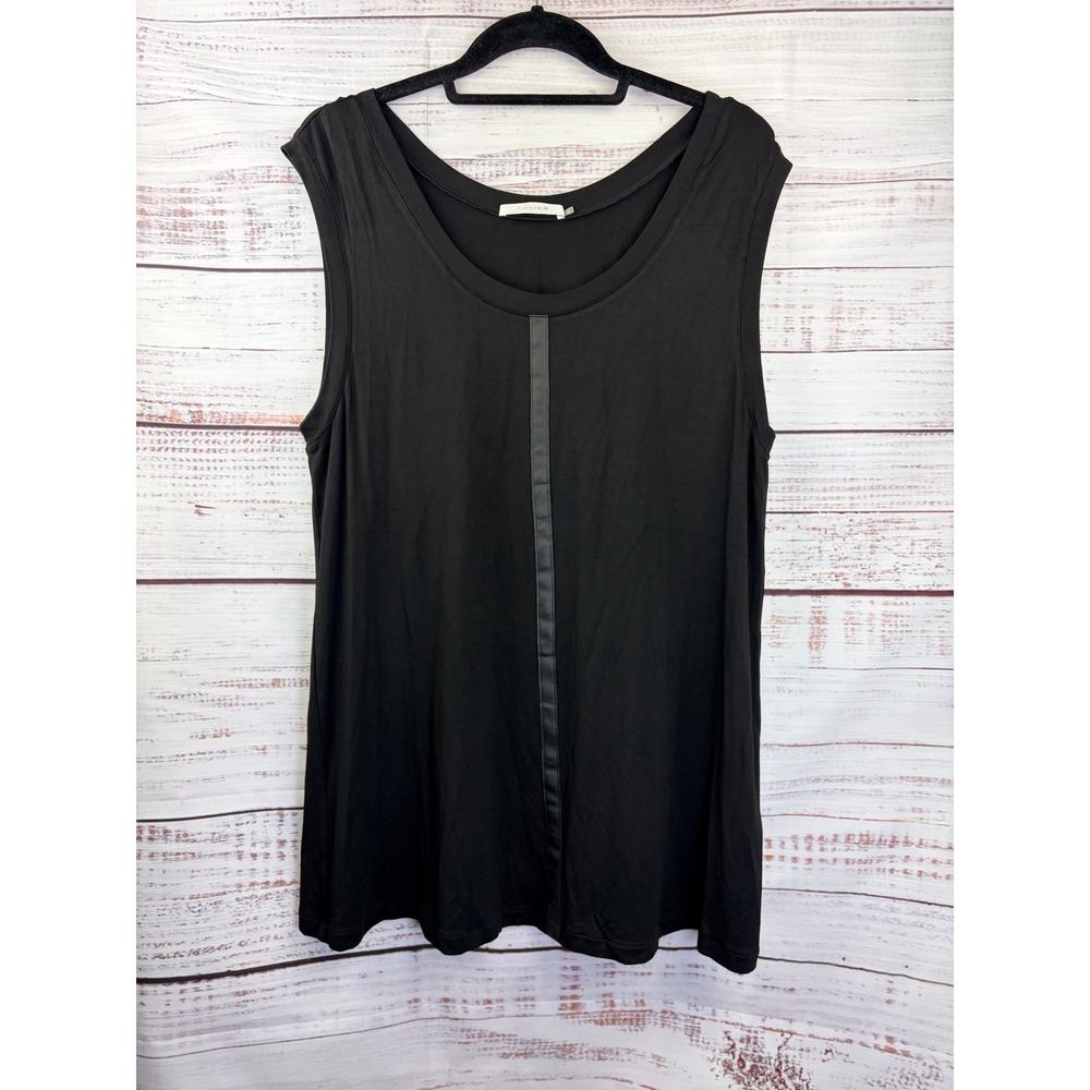 Elaine Kim XL Black Faux Leather Trim Scoop Neck Sleeveless Shell Tank Top